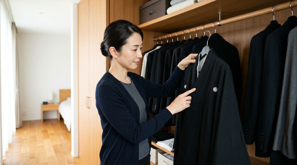 クローゼットで喪服を確認する様子