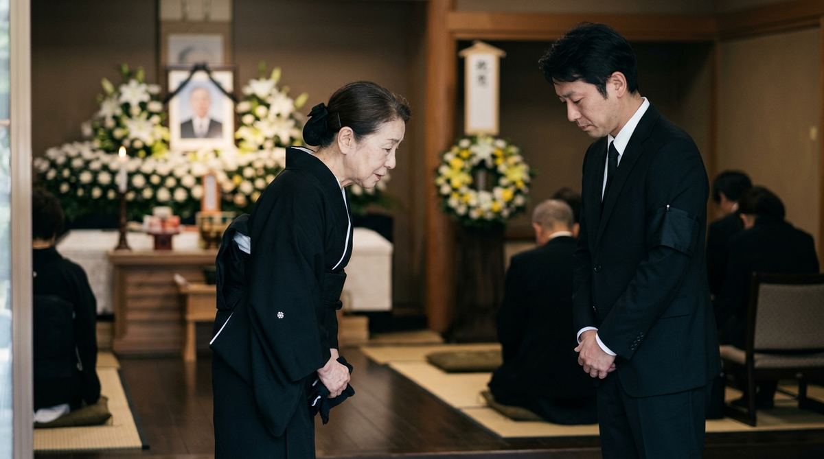 お悔やみの言葉を伝える様子