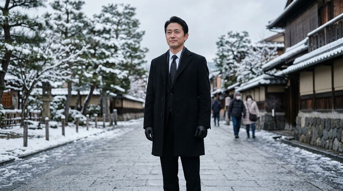 喪服に合わせた黒のチェスターコート