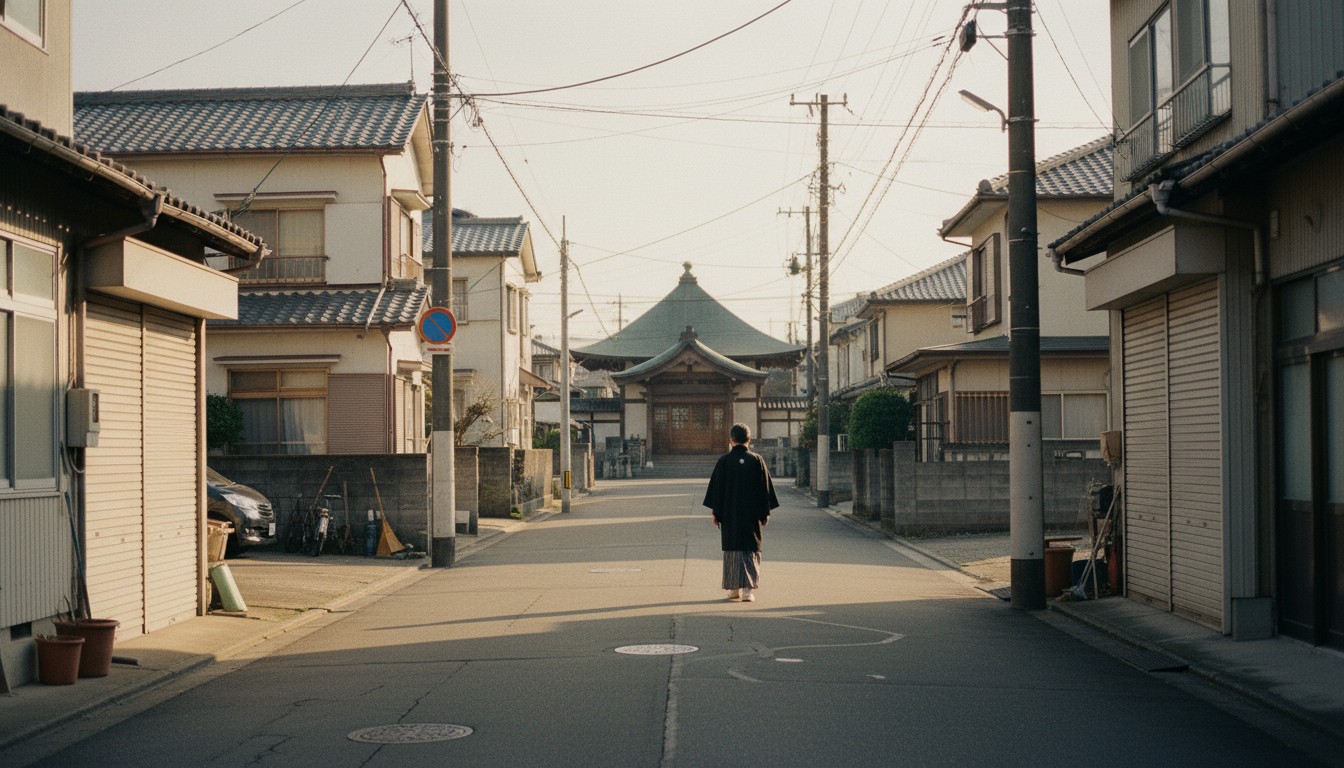 東大阪の下町住宅街、奥のお寺へ向かう喪服姿の参列者