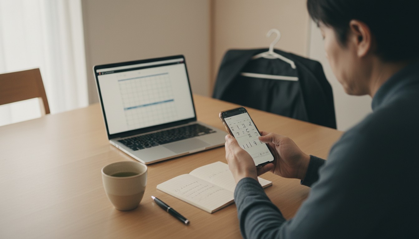 テーブルでスマホとPCを使い喪服の購入かレンタルかを比較検討する場面