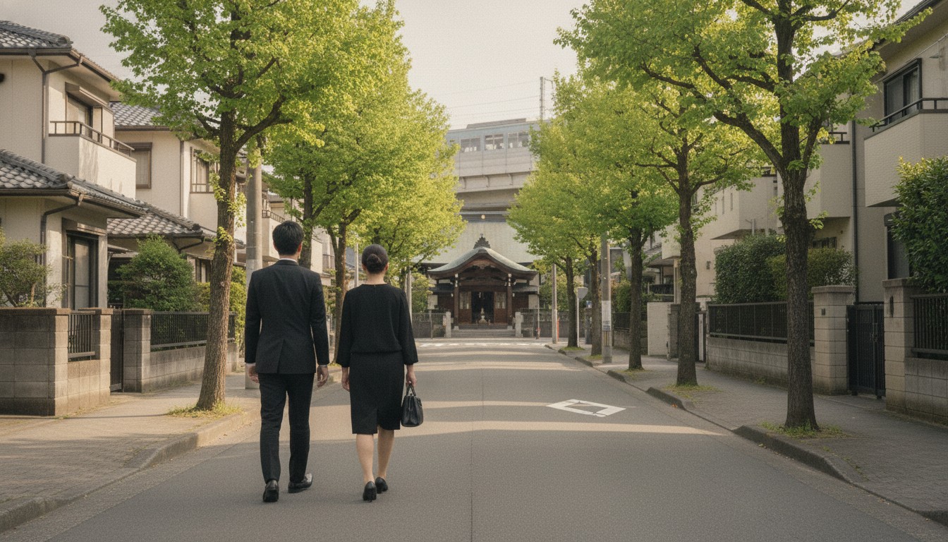 北摂エリアの緑豊かな住宅街を歩く喪服姿の夫婦（豊中・吹田・箕面）