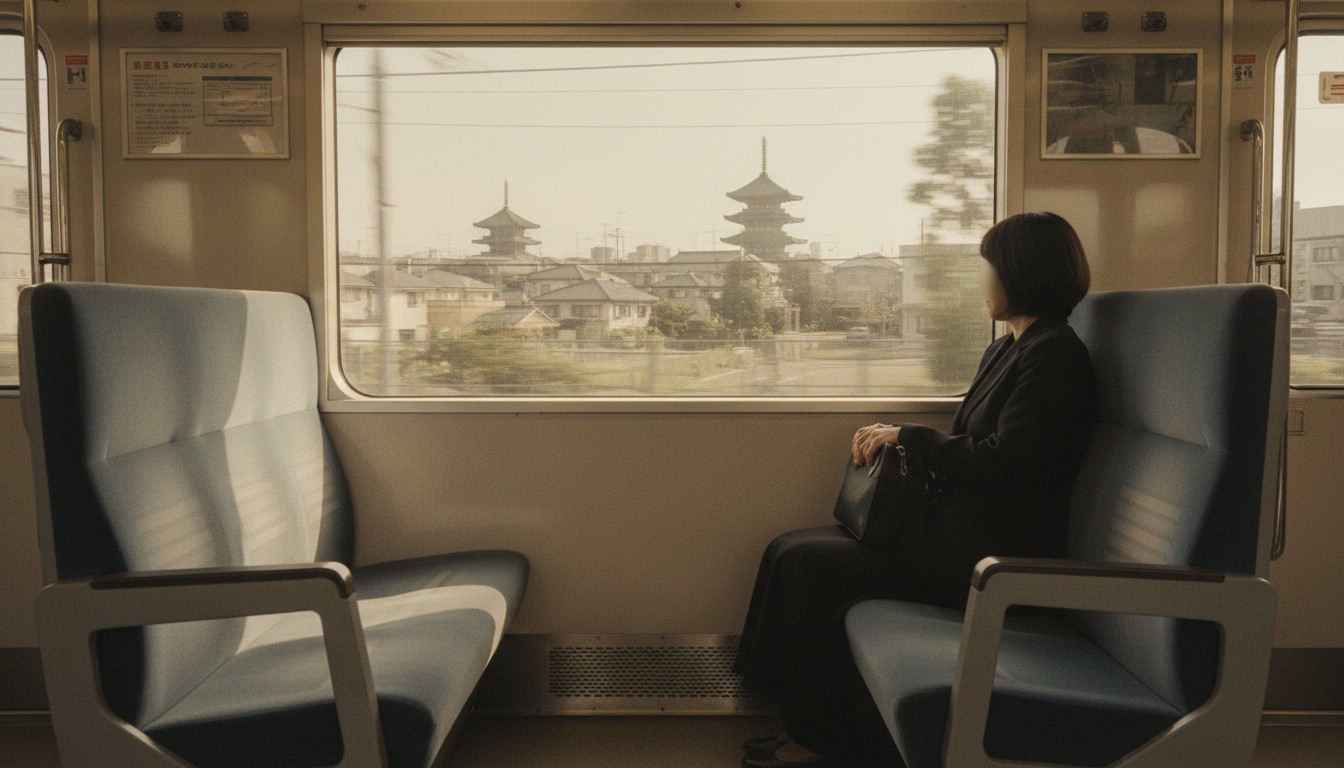 関西から難波へ向かう電車内の喪服姿の参列者(窓外に五重塔)
