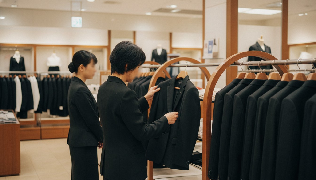 百貨店の喪服売場で店員と相談しながら喪服を選ぶ場面（大阪購入ガイド）