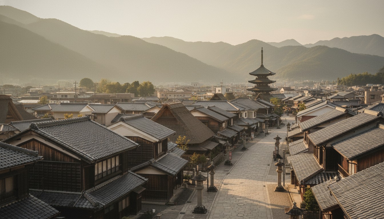 日本各地の伝統的な街並みと五重塔を望む俯瞰風景（地域別ガイド）