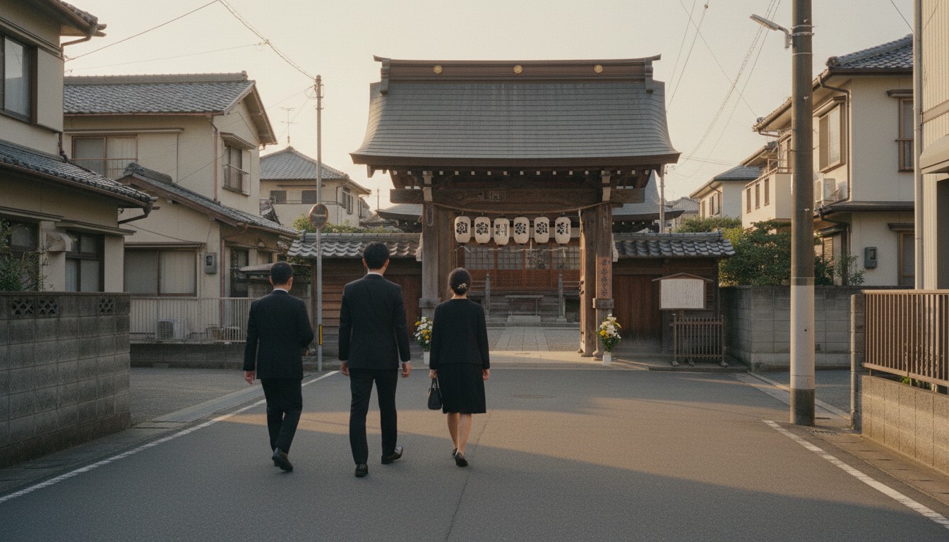 堺・南大阪の住宅街でお寺の山門に向かう喪服姿の参列者